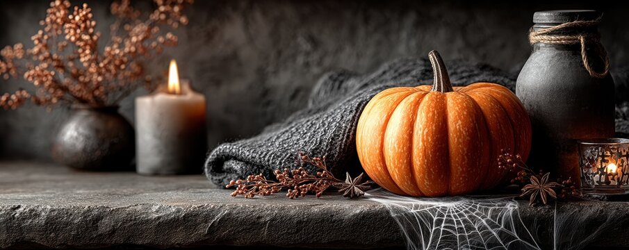 Halloween still life with pumpkin, candle, cobwebs, and rustic jars for autumn decor