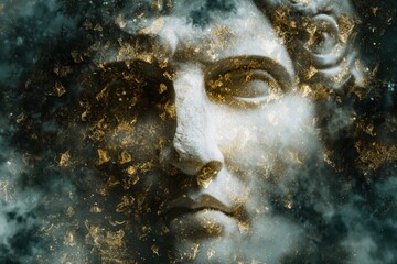 Ancient stone face with gold highlights in mysterious atmosphere