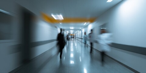 Blurred motion in hospital corridor with people in scrubs and suits
