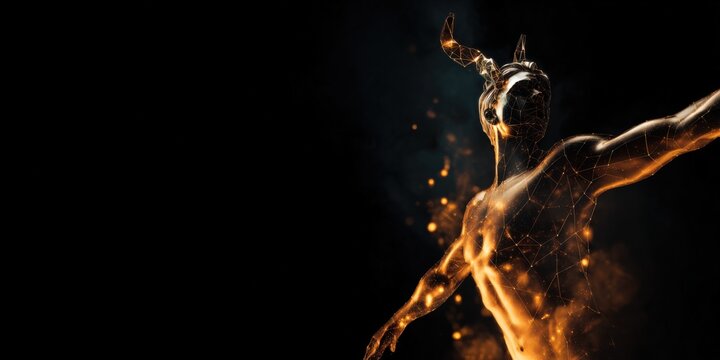 Mythical male figure with glowing details and horns on dark background