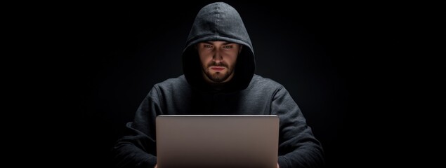 Caucasian male hacker in hoodie using laptop in dark room