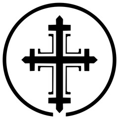 Fototapeta premium Black stylized religious cross symbol with pointed ends and internal details inside an open circle graphic icon