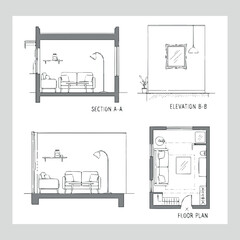 Create Architectural Drawings vector, decorate living room interior illustration, Minimal style hand drawn. Sections, Elevations, Floor Plan. mirror, frame, jar, lamp, shelf