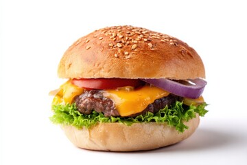Juicy cheeseburger with lettuce, tomato, and onion on a sesame bun