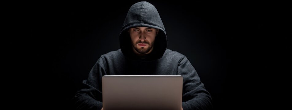 Caucasian male hacker in hoodie using laptop in dark room
