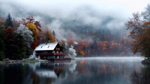 A serene, misty autumnal landscape with a house on stilts by a calm lake. The house is a twostory structure with a balcony and a covered porch.