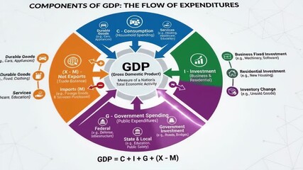 Infographic illustrating the components of a nation's gross domestic product, detailing consumption, investment, government spending, and net exports as the flow of expenditures - Powered by Adobe