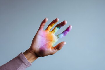 Female hand with multicolored paint on palm