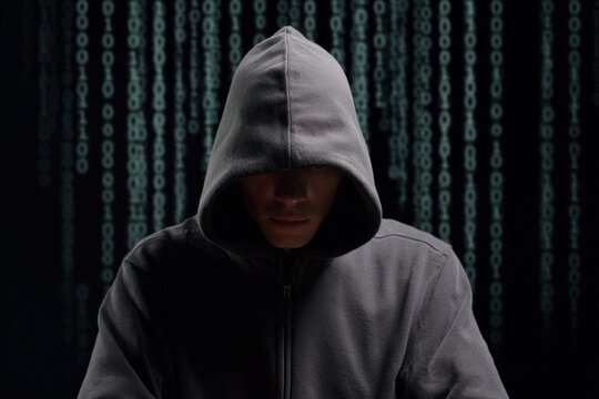 Hacker in hooded sweatshirt with digital code background