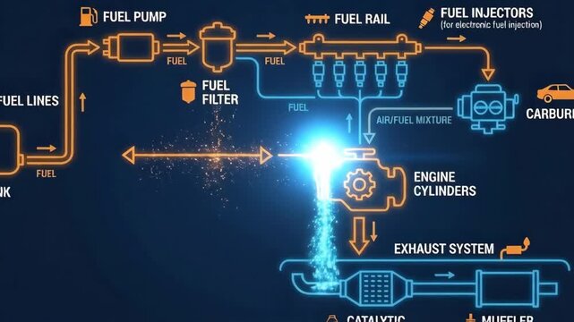 Automotive fuel system diagram detailing the journey of fuel from tank through filters, pump, rail, and injectors to engine cylinders, then exiting as exhaust via catalytic converter and muffler