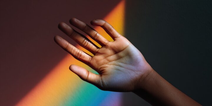 Outstretched hand with rainbow light on skin
