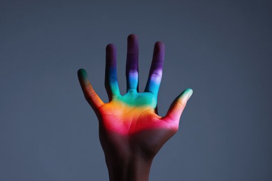 Vibrant rainbow colors on raised hand against gray background - Powered by Adobe