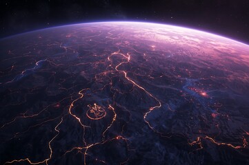 Vast alien planet surface illuminated by distant nebula glow under cosmic sky