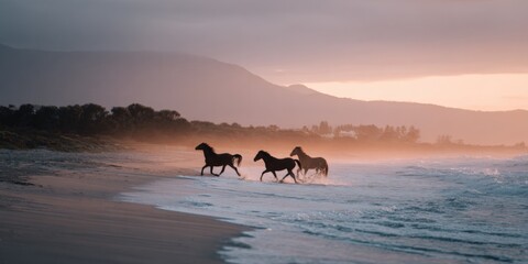 Wild horses running along misty beach at sunset with mountains in the background