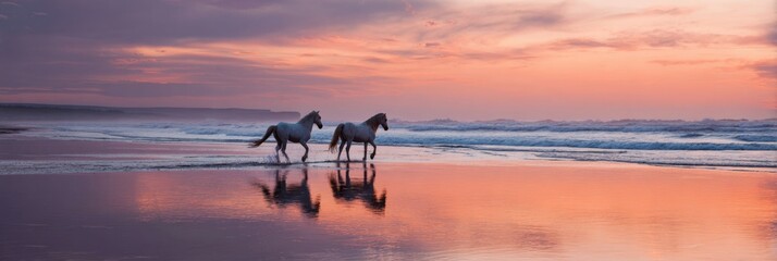 Majestic horses walking on serene beach at sunset with reflective ocean waves
