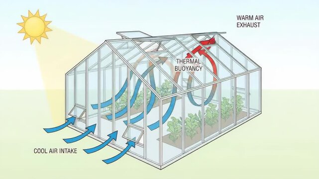 Greenhouse cutaway diagram showing natural ventilation: cool air drawn in through side vents, warm air rises and exhausts through roof vents to create convective cooling for plants