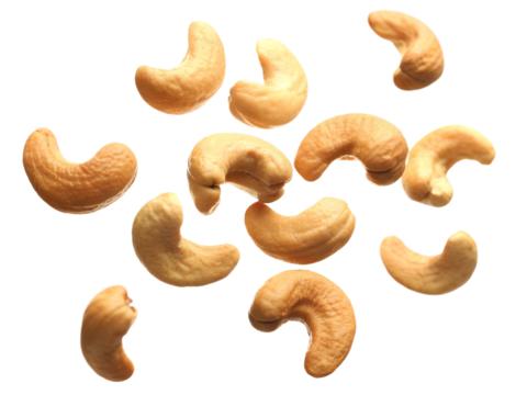 Falling cashew nuts isolated on transparent or white background, png