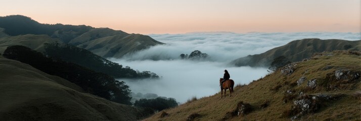 Solitary horseback rider overlooking misty valleys at sunrise
