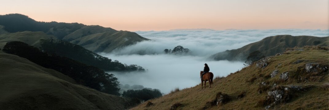 Solitary horseback rider overlooking misty valleys at sunrise - Powered by Adobe