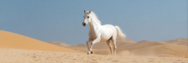 Majestic white horse galloping through desert dunes under clear blue sky