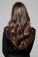 Fototapeta premium Brunette female with long wavy hair from back view in black outfit