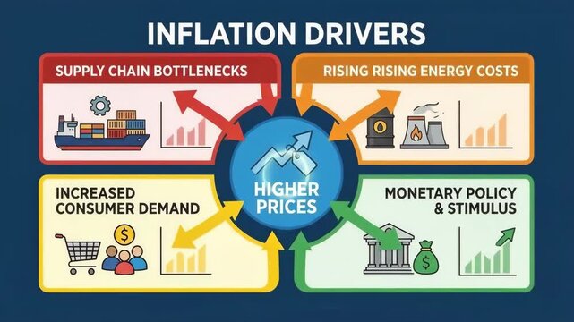 Infographic showing key inflation drivers&mdash;supply chain bottlenecks, rising energy costs, stronger consumer demand and monetary policy&mdash;visualized with charts and arrows indicating upward trends