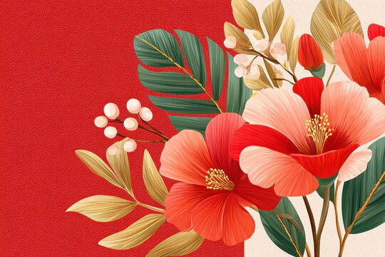 Vibrant red background floral illustration with hibiscus and gold leaves for festive design and celebration
