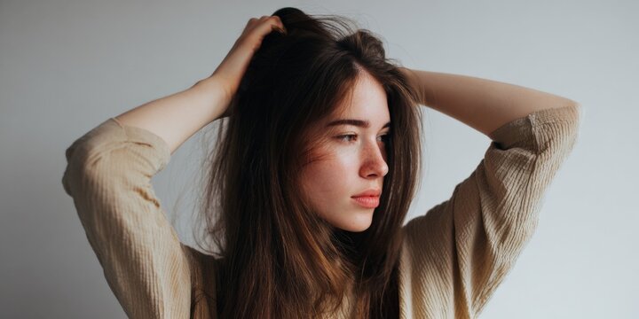Contemplative young caucasian female with long brown hair in thoughtful pose - Powered by Adobe