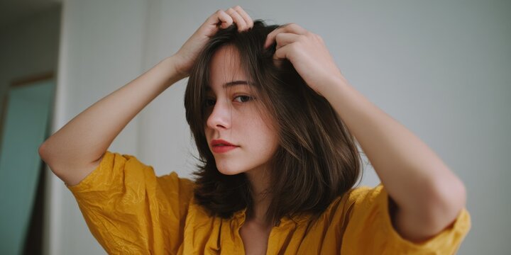 Young caucasian female adjusting hair in yellow shirt close-up