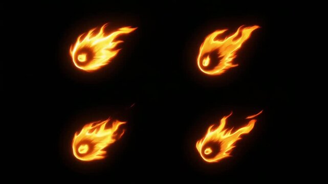 Fiery comets Animated sprite sheet Orange flames against black backdrop Dynamic movement high quality professional