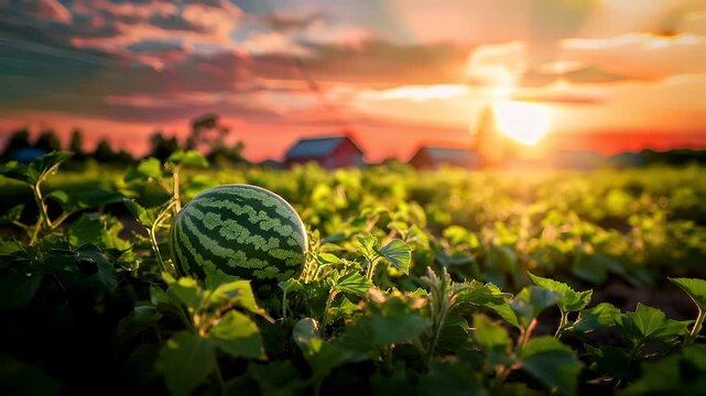 A vivid portrayal of a watermelon in a lush green field during sunset. The watermelon is the central focus, with its green and white pattern standing out against the vibrant backdrop.