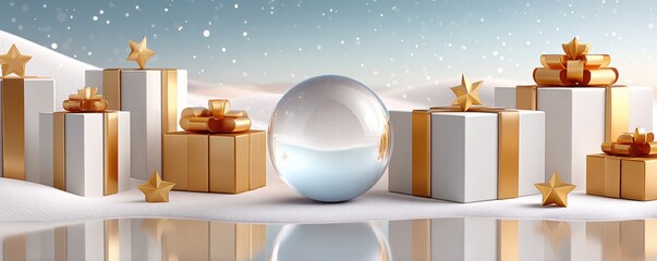 Festive winter scene with white and gold gift boxes, snow globe and star accents
