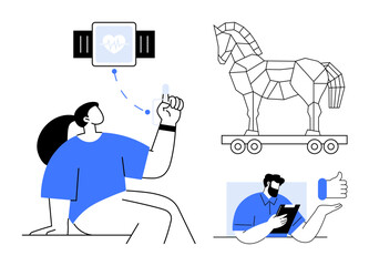 Person using smartwatch, Trojan horse metaphor for deception, person approving digitally with tablet. Ideal for technology, security, health, approval, monitoring, modern communication conceptual