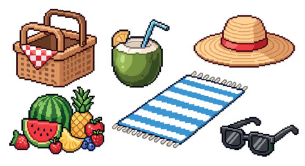 Pixel art collection of summer vacation icons with a picnic basket, fruit, sun hat, towel, sunglasses, and a coconut drink in a retro 8-bit style, isolated on white