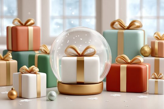 Gift boxes with gold ribbons surround a glass snow globe centerpiece on a festive table