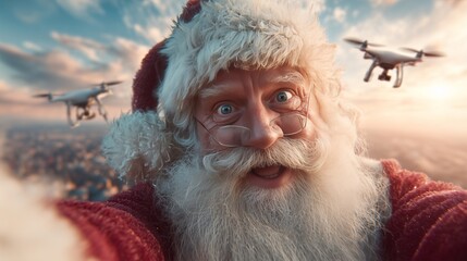 Santa Claus taking a selfie with drones delivering gifts, a fun holiday season scene that captures the Christmas spirit with technology and sky