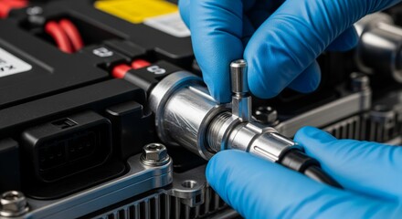 Gloved Hands Connecting Cable to Electronic Component