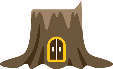 Naklejka premium Whimsical tree stump house with yellow double door, offering a charming dwelling nestled in nature