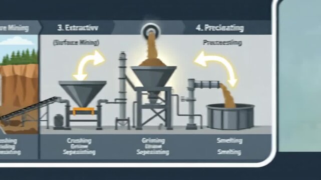 Infographic illustrating the complete mining process, showing each stage from geological exploration to site reclamation, emphasizing responsible resource management and industrial operations