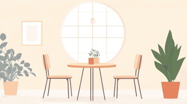 Beige room with round window, two chairs, table, plants. Interior design