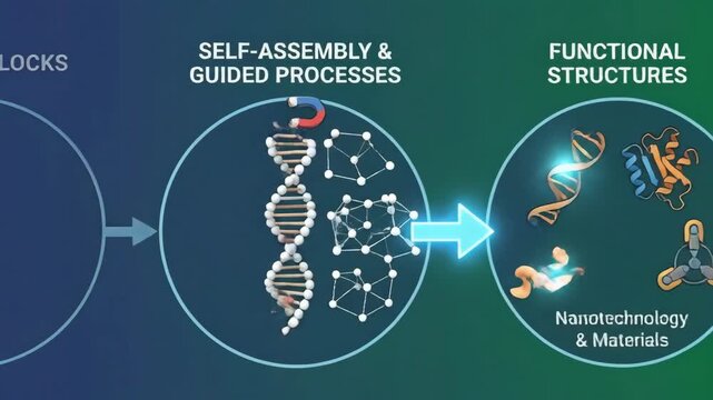 Infographic showing molecular self-assembly: building blocks form complex functional structures driven by thermodynamics, chemical bonds and external fields for nanotechnology research