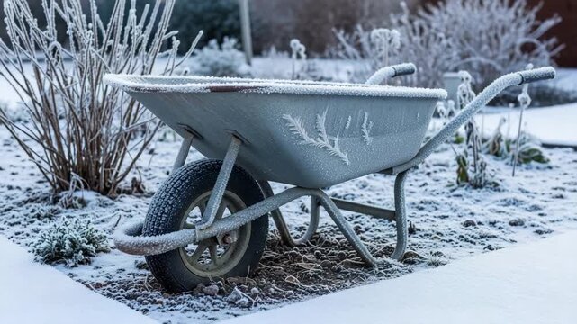 A gray wheelbarrow covered in frost sits in a snowy garden. Surrounding plants are also frosted, creating a winter scene.