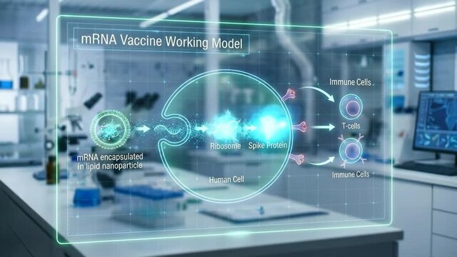 Holographic display of mrna vaccine mechanism: lipid nanoparticles delivering mrna into human cells, spike protein production and activation of immune cells in a lab setting