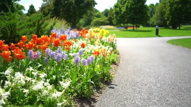 Vibrant flower bed alongside park pathway with lush greenery and sunlight