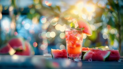A vibrant, sunlit scene featuring a glass of watermelon juice. The glass is filled with a clear liquid, possibly a fruit juice, and garnished with mint leaves. - Powered by Adobe