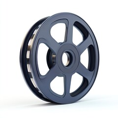 Obraz premium Dark gray film reel, isolated on white. Circular, with spokes, and a central hub. High-resolution 3D rendering