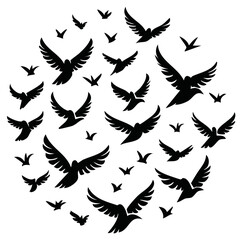 Obraz premium Flock of black bird silhouettes flying in a dynamic circular pattern an artistic graphic design concept