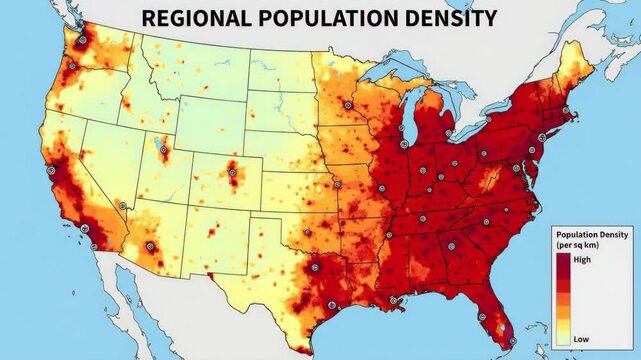United states population density heat map showing urban concentration and coastal clusters with color key indicating people per square kilometer for regional planning and analysis