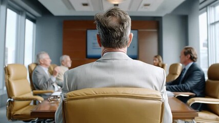 Strategic Oversight: An executive, seen from behind, leads a dynamic meeting, the scene radiating decisiveness and professional synergy in a modern office.