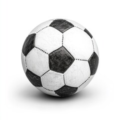 Worn soccer ball, black and white panels, isolated on white background